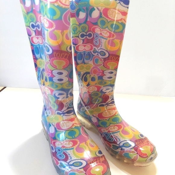 NWOT Coach Pixy Poppy Multi Color Size 7M Rain Boots In Box - Picture 2 of 16